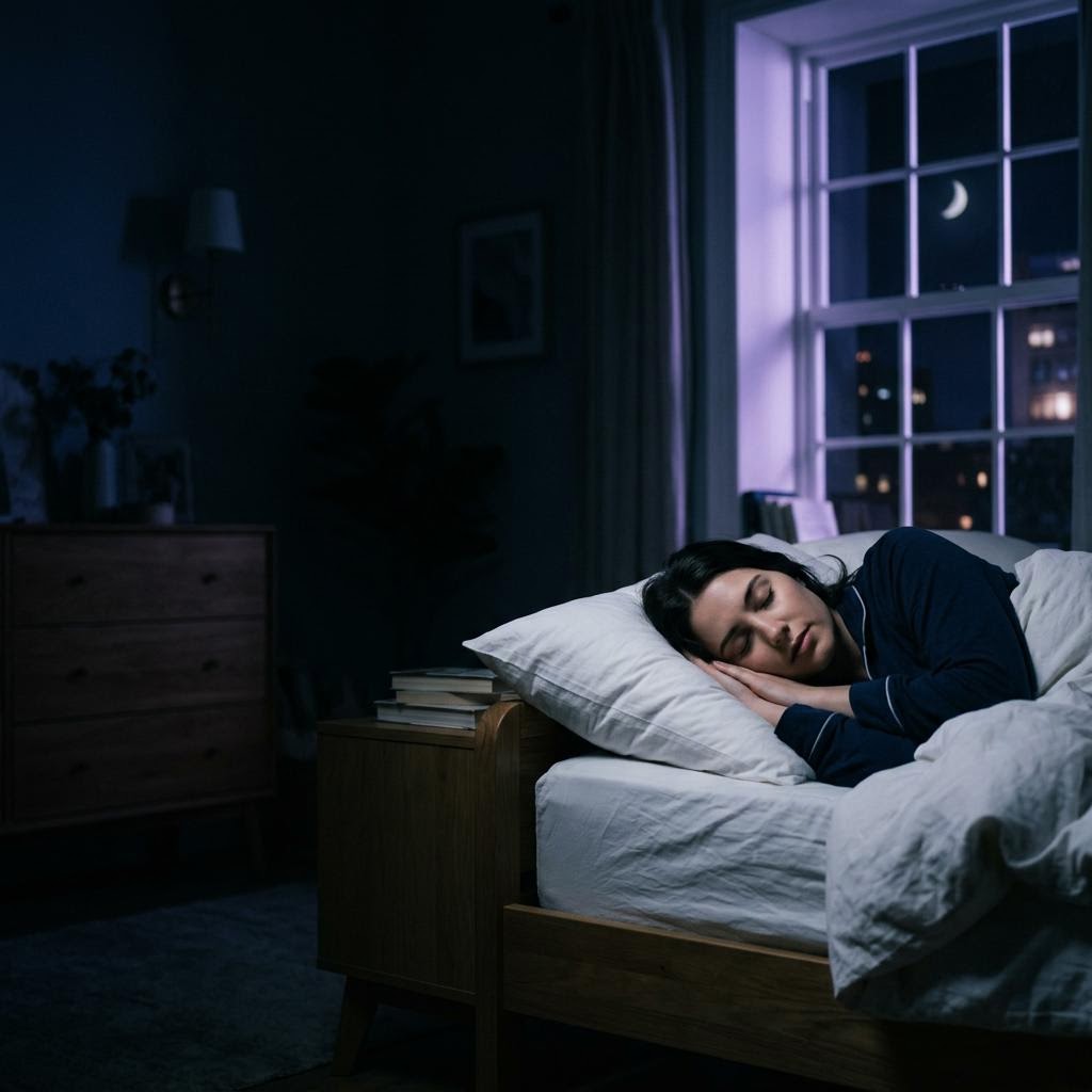A woman sleeping peacefully in a dark, moonlit bedroom